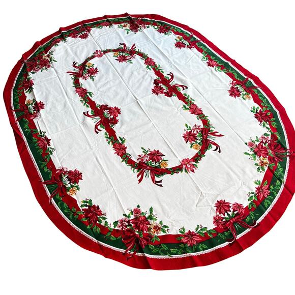 Vintage Christmas tablecloth long oval traditional red green white cotton blend - Picture 1 of 8
